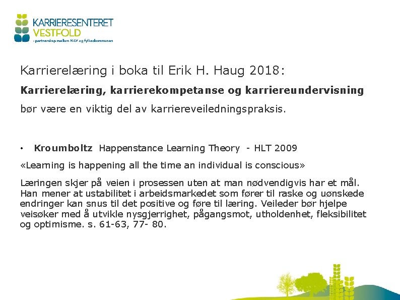 Karrierelæring i boka til Erik H. Haug 2018: Karrierelæring, karrierekompetanse og karriereundervisning bør være