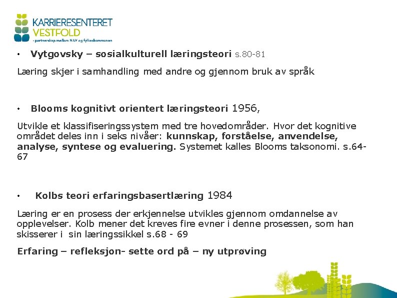  • Vytgovsky – sosialkulturell læringsteori s. 80 -81 Læring skjer i samhandling med