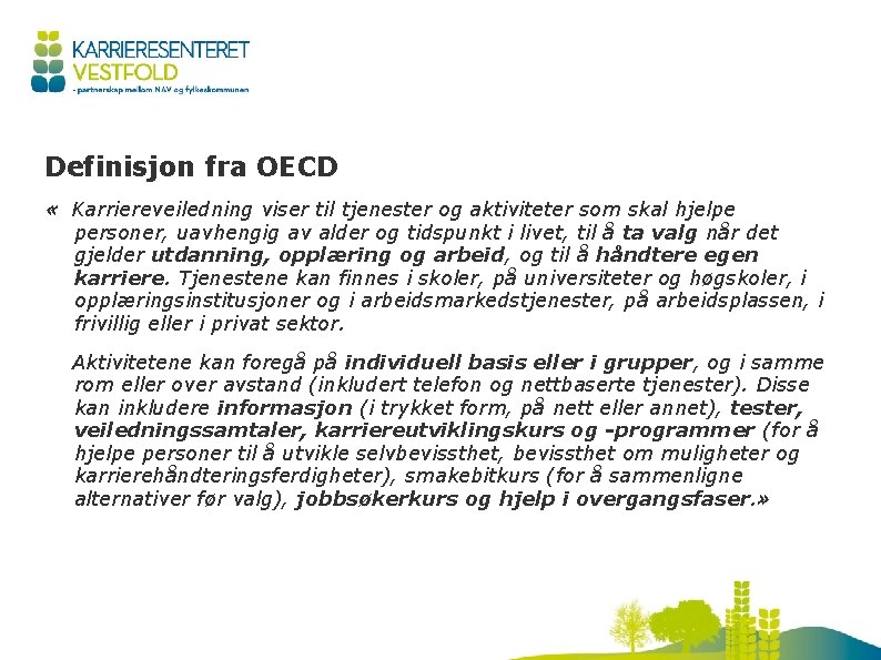 Definisjon fra OECD « Karriereveiledning viser til tjenester og aktiviteter som skal hjelpe personer,