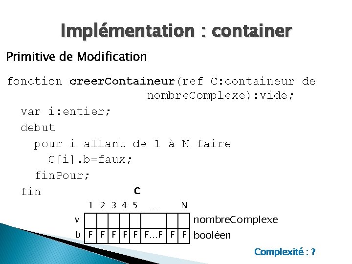 Implémentation : container Primitive de Modification fonction creer. Containeur(ref C: containeur de nombre. Complexe):