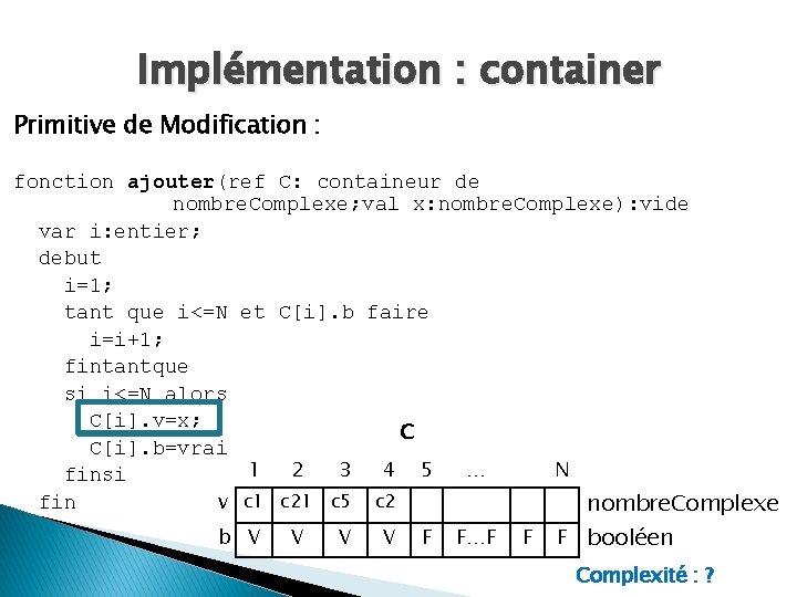 Implémentation : container Primitive de Modification : fonction ajouter(ref C: containeur de nombre. Complexe;