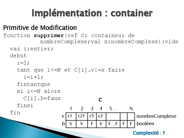 Implémentation : container Primitive de Modification fonction supprimer(ref C: containeur de nombre. Complexe; val