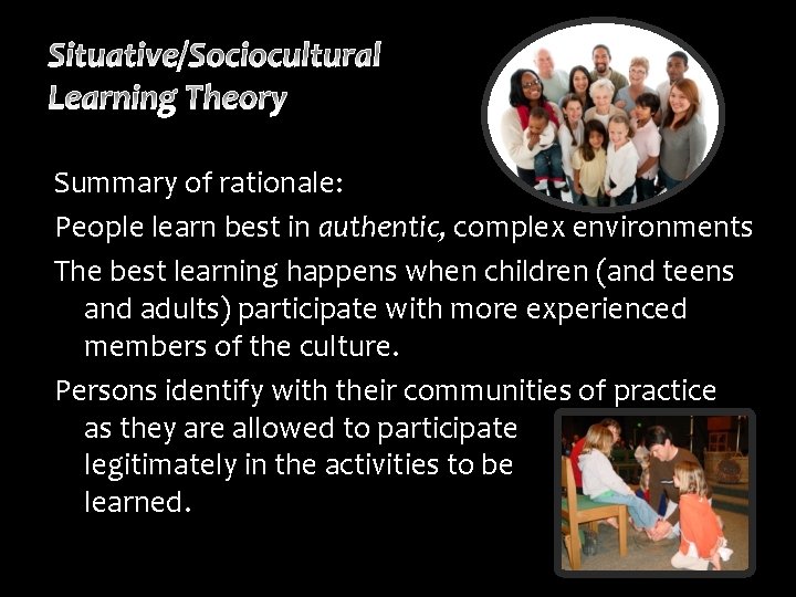 Summary of rationale: People learn best in authentic, complex environments The best learning happens