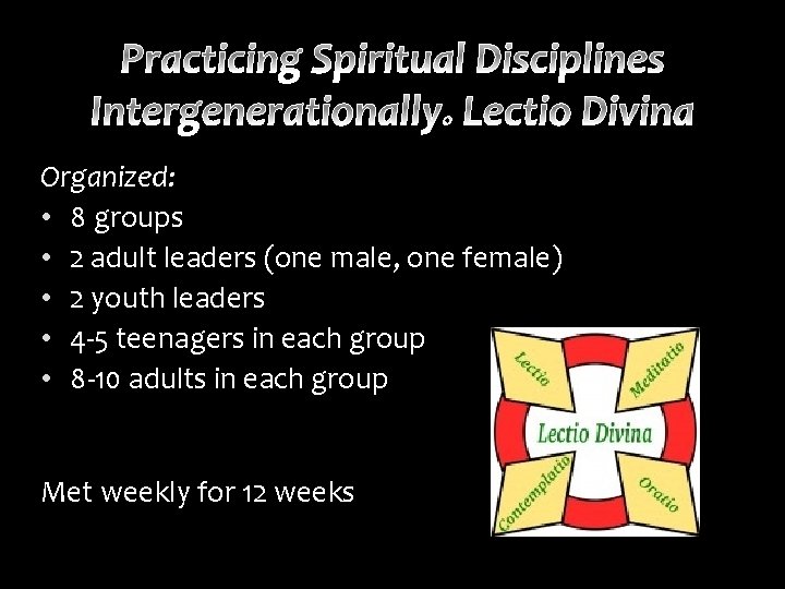 Organized: • 8 groups • 2 adult leaders (one male, one female) • 2