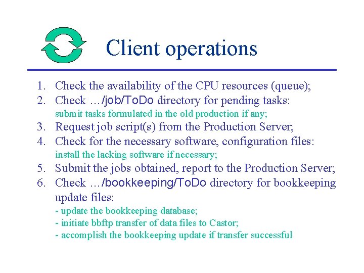 Client operations 1. Check the availability of the CPU resources (queue); 2. Check …/job/To.