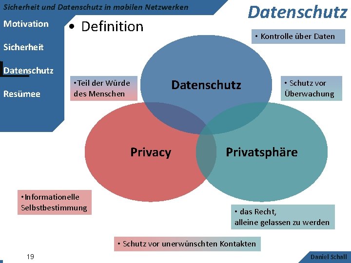 Datenschutz Sicherheit und Datenschutz in mobilen Netzwerken Motivation • Definition • Kontrolle über Daten