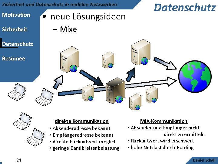 Sicherheit und Datenschutz in mobilen Netzwerken Motivation Sicherheit • neue Lösungsideen Datenschutz – Mixe