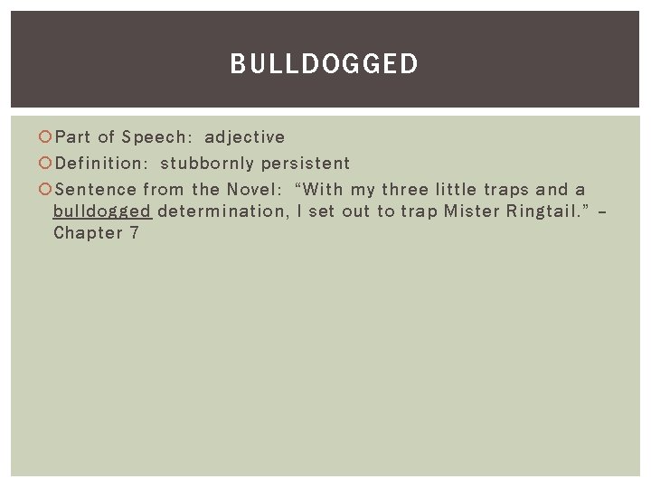 BULLDOGGED Part of Speech: adjective Definition: stubbornly persistent Sentence from the Novel: “With my