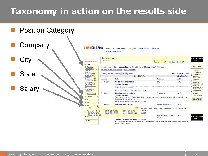 Taxonomy in action on the results side n Position Category n Company n City