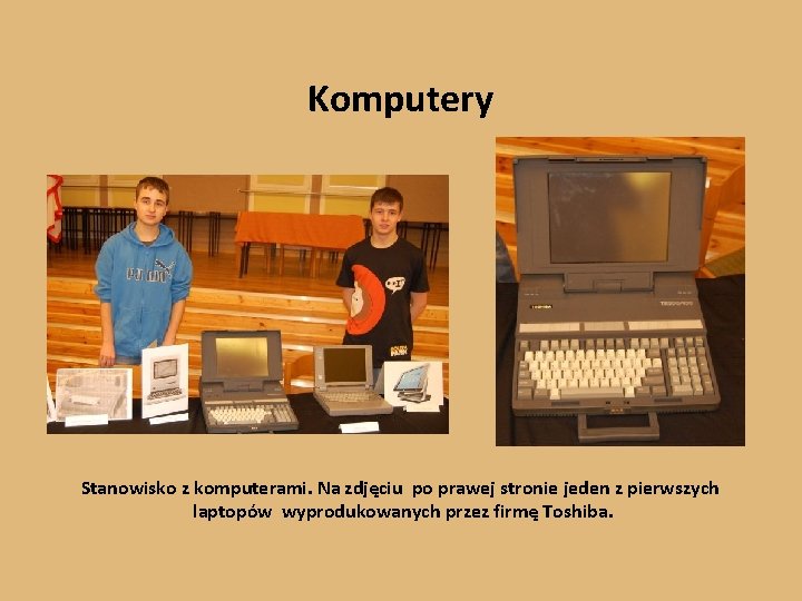 Komputery Stanowisko z komputerami. Na zdjęciu po prawej stronie jeden z pierwszych laptopów wyprodukowanych