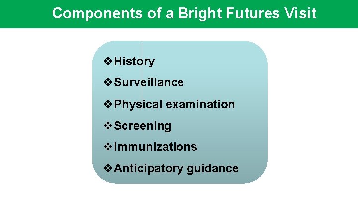 Components of a Bright Futures Visit v. History v. Surveillance v. Physical examination v.