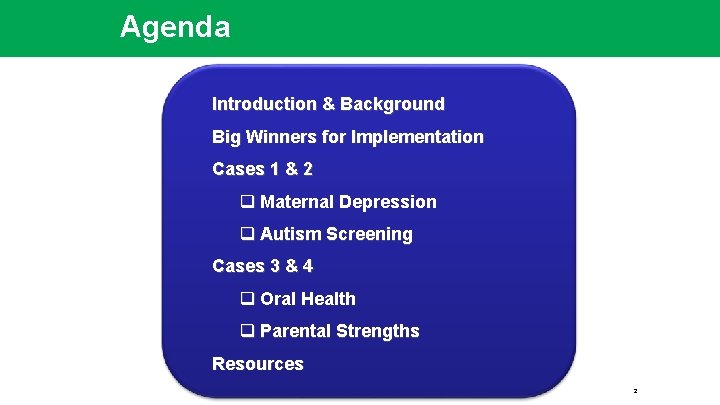 Agenda Introduction & Background Big Winners for Implementation Cases 1 & 2 q Maternal
