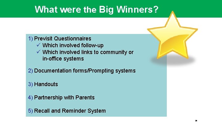 What were the Big Winners? 1) Previsit Questionnaires ü Which involved follow-up ü Which