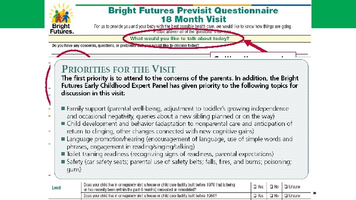 Setting the agenda PRIORITIES Family support Child development and behavior Language promotion/hearing Toilet training
