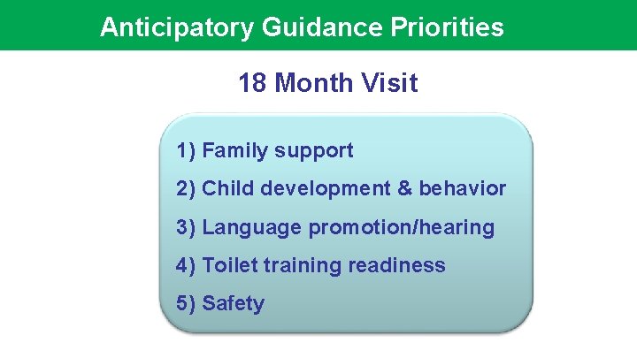 Anticipatory Guidance Priorities 18 Month Visit 1) Family support 2) Child development & behavior