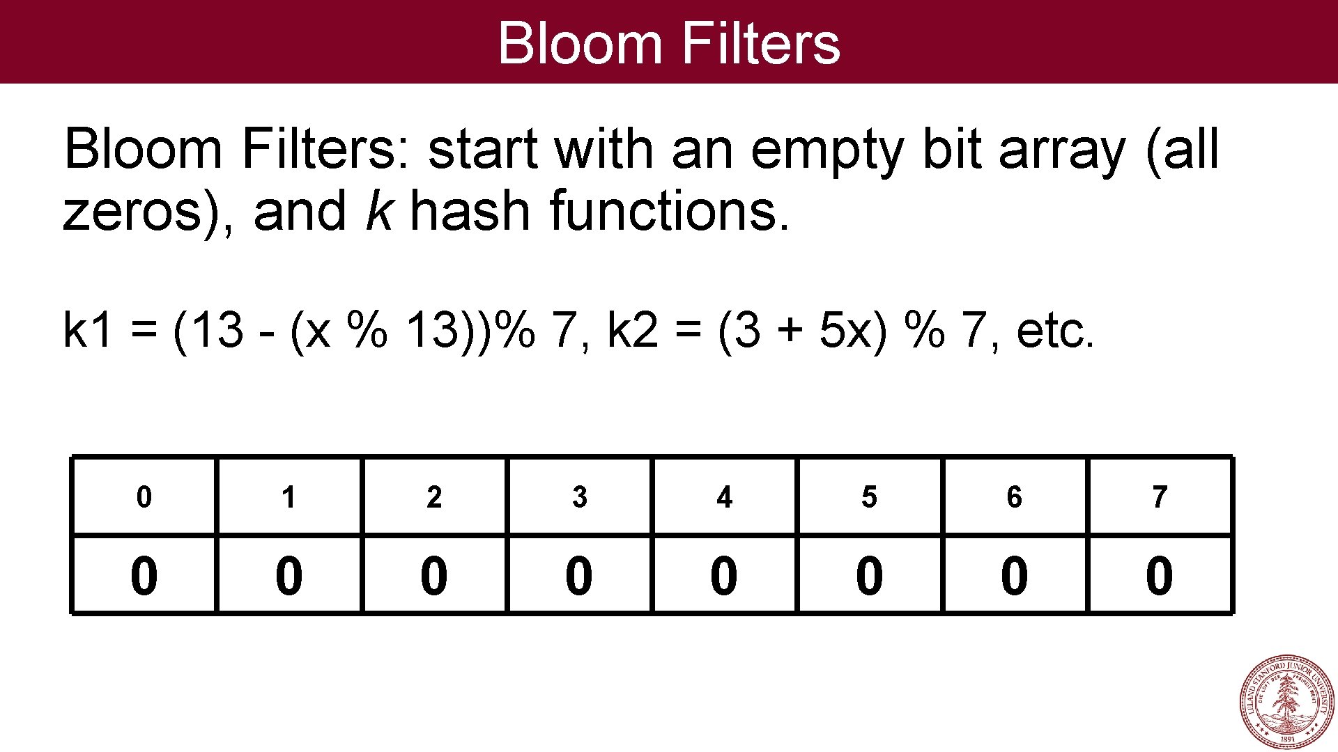 Bloom Filters: start with an empty bit array (all zeros), and k hash functions.