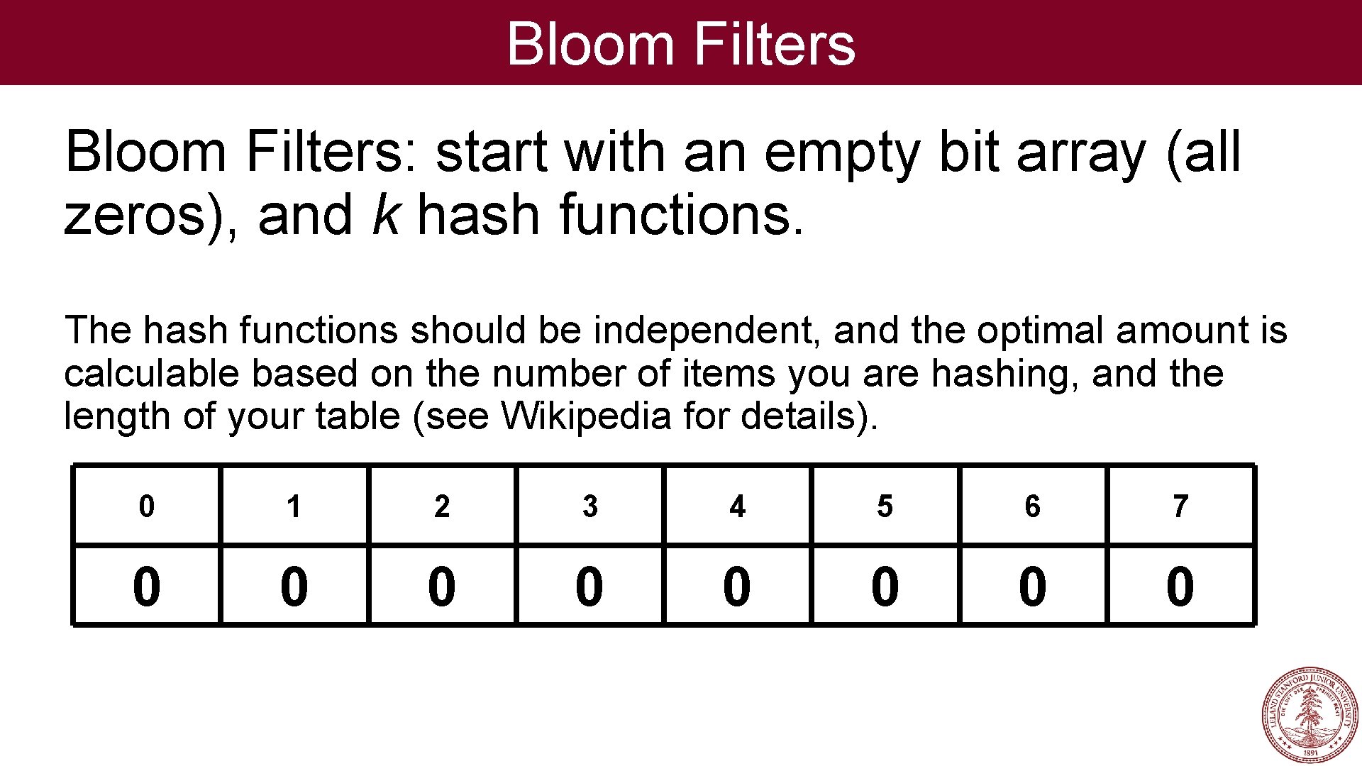 Bloom Filters: start with an empty bit array (all zeros), and k hash functions.