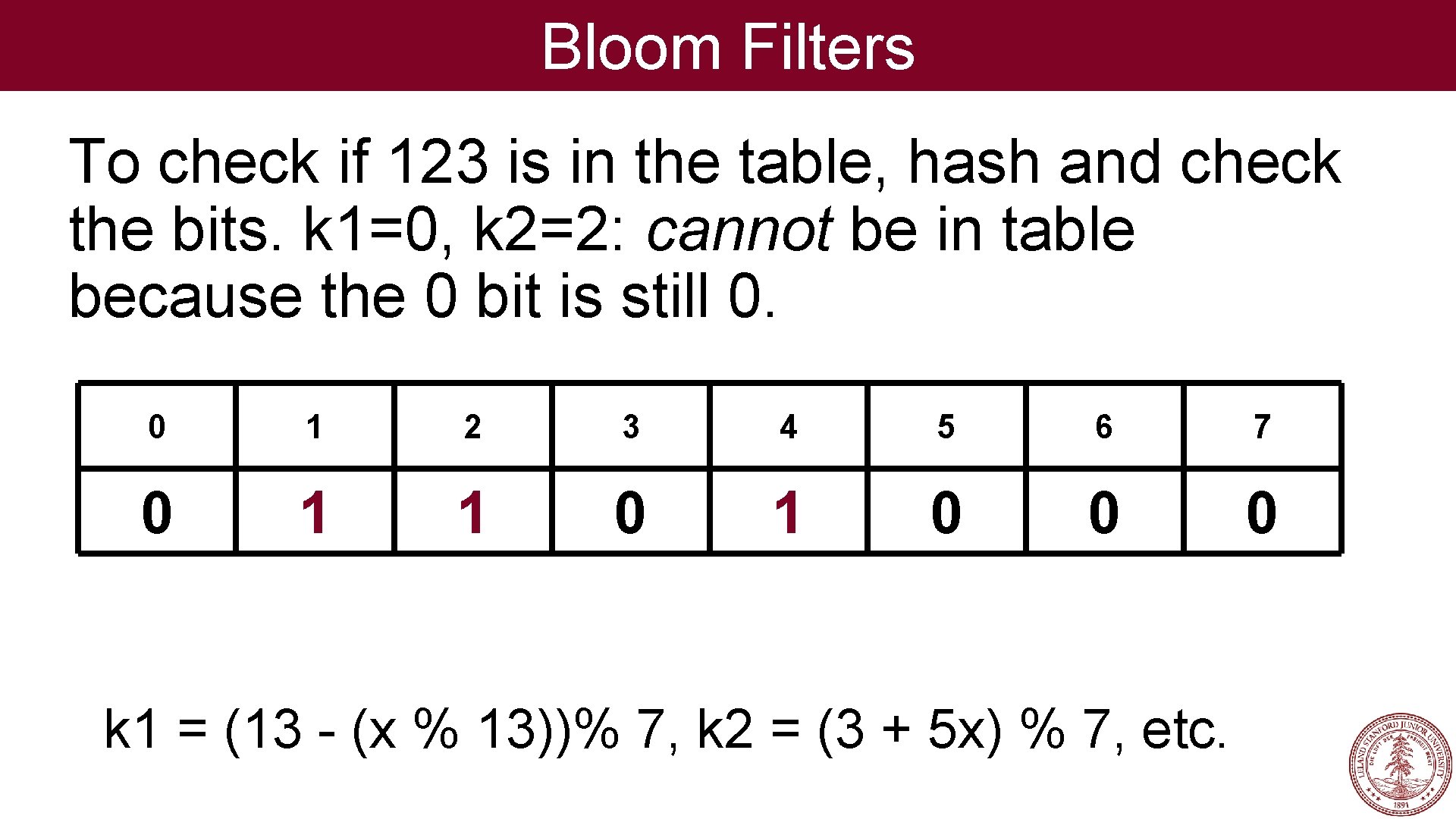 Bloom Filters To check if 123 is in the table, hash and check the