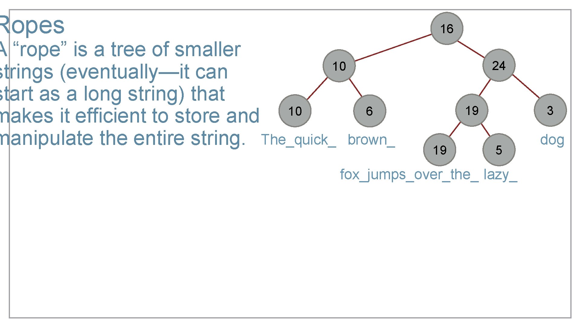 Ropes 16 A “rope” is a tree of smaller 10 strings (eventually—it can start