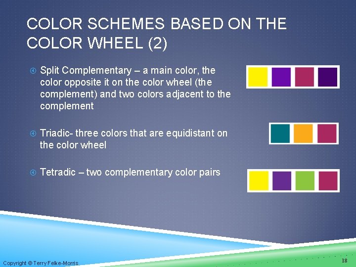 COLOR SCHEMES BASED ON THE COLOR WHEEL (2) Split Complementary – a main color,