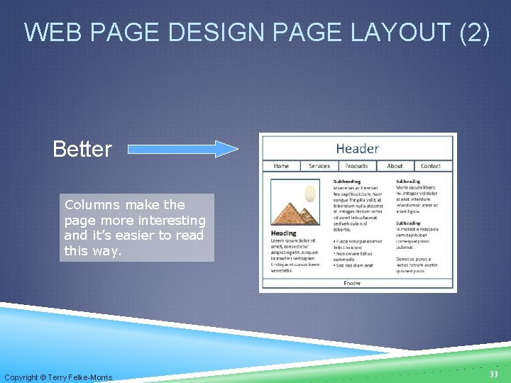 WEB PAGE DESIGN PAGE LAYOUT (2) Better Columns make the page more interesting and