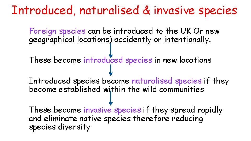 Introduced, naturalised & invasive species Foreign species can be introduced to the UK Or