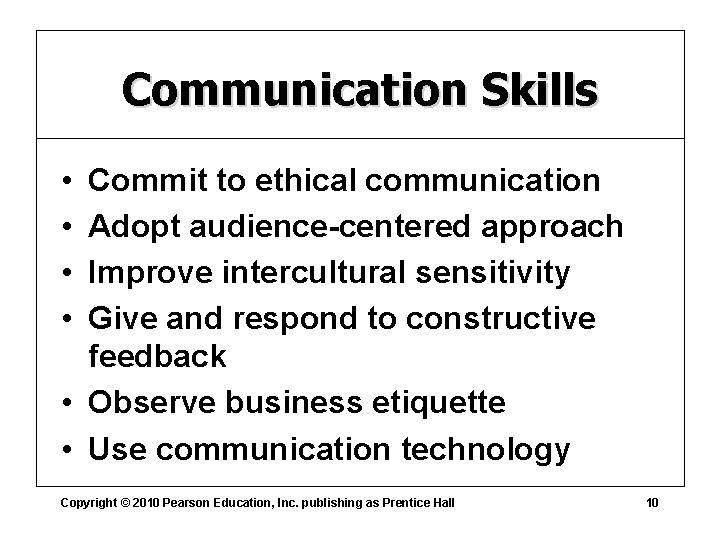 Communication Skills • • Commit to ethical communication Adopt audience-centered approach Improve intercultural sensitivity
