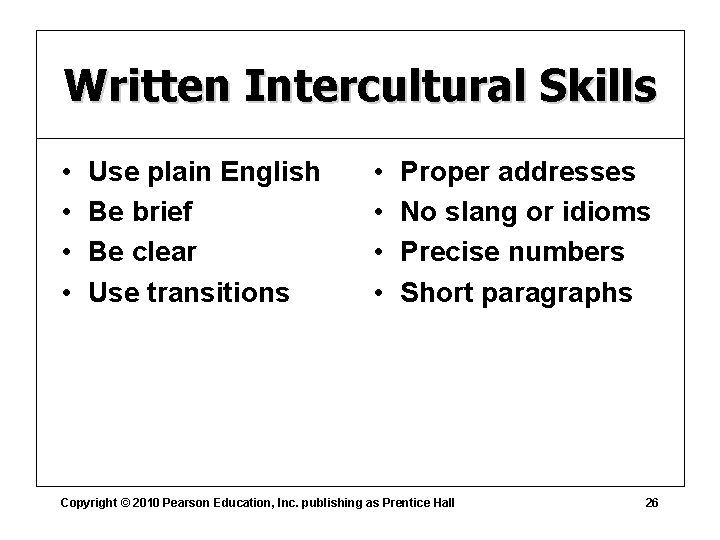 Written Intercultural Skills • • Use plain English Be brief Be clear Use transitions