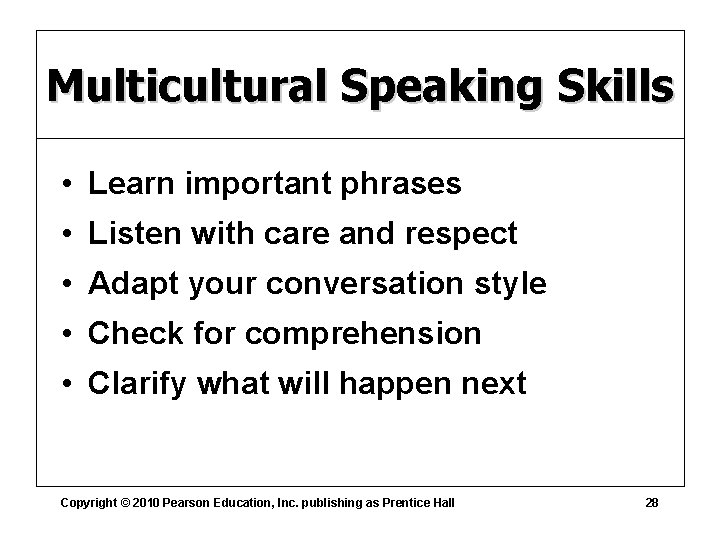 Multicultural Speaking Skills • Learn important phrases • Listen with care and respect •