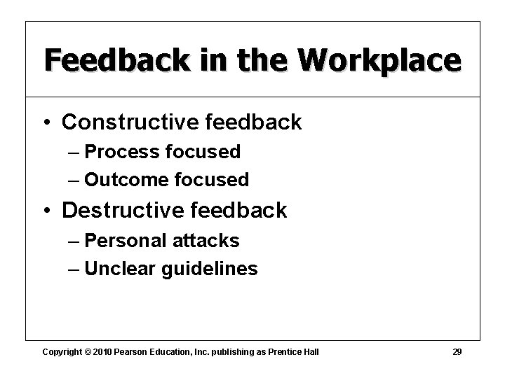 Feedback in the Workplace • Constructive feedback – Process focused – Outcome focused •