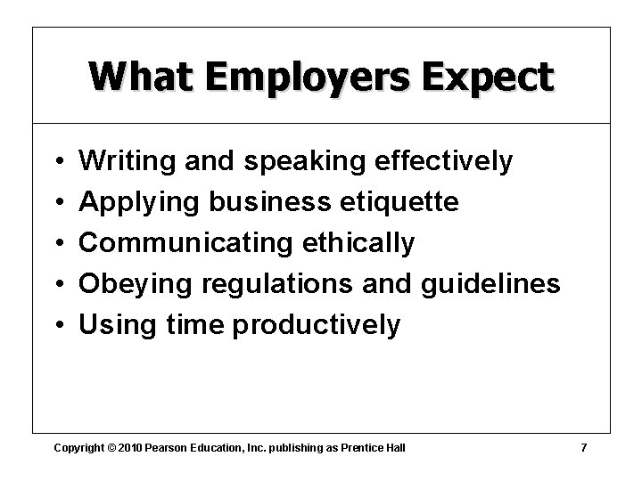 What Employers Expect • • • Writing and speaking effectively Applying business etiquette Communicating