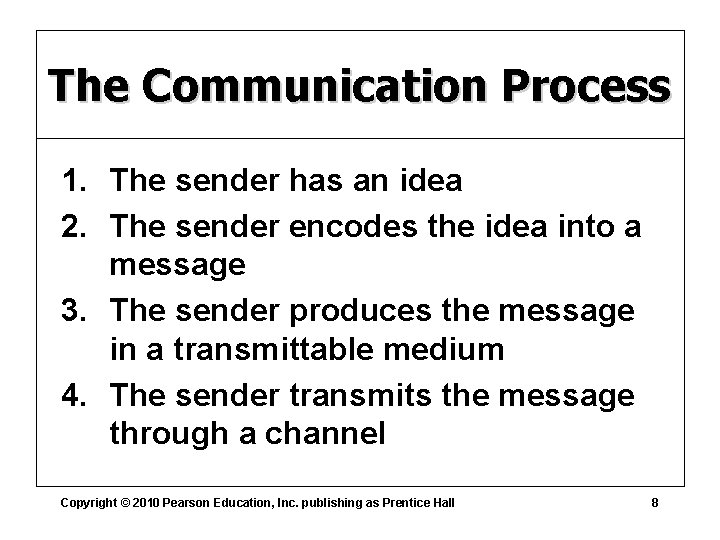 The Communication Process 1. The sender has an idea 2. The sender encodes the