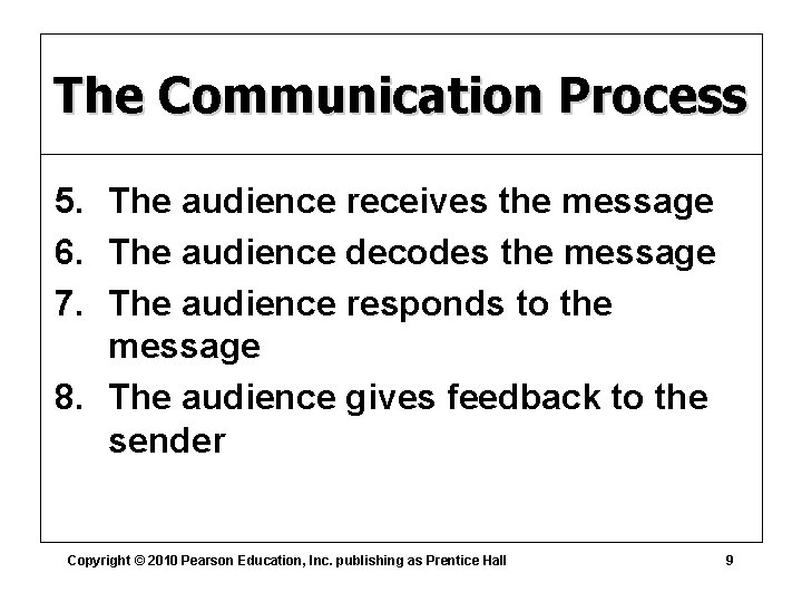 The Communication Process 5. The audience receives the message 6. The audience decodes the