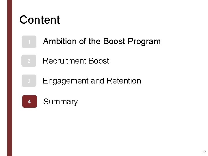 Content 1 Ambition of the Boost Program 2 Recruitment Boost 3 Engagement and Retention