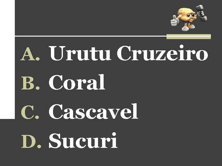A. Urutu Cruzeiro B. Coral C. Cascavel D. Sucuri A. Urutu Cruzeiro B. Coral C. Cascavel D. Sucuri