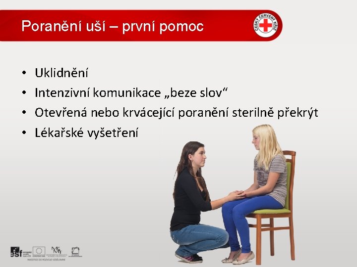 Poranění uší – první pomoc • • Uklidnění Intenzivní komunikace „beze slov“ Otevřená nebo