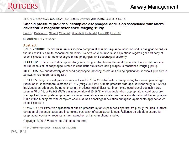 Airway Management RWJ EM 