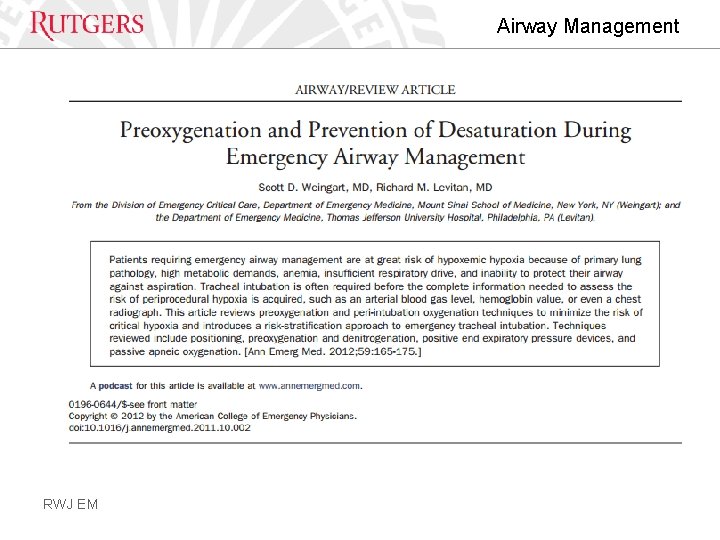 Airway Management RWJ EM 