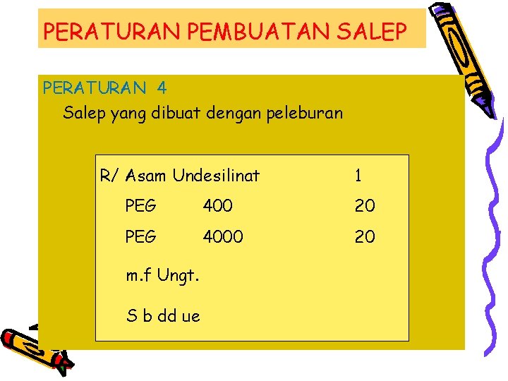 PERATURAN PEMBUATAN SALEP PERATURAN 4 Salep yang dibuat dengan peleburan R/ Asam Undesilinat 1