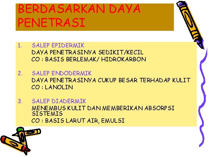 BERDASARKAN DAYA PENETRASI 1. SALEP EPIDERMIK DAYA PENETRASINYA SEDIKIT/KECIL CO : BASIS BERLEMAK/ HIDROKARBON