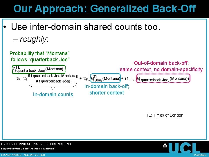 Our Approach: Generalized Back-Off • Use inter-domain shared counts too. – roughly: Probability that