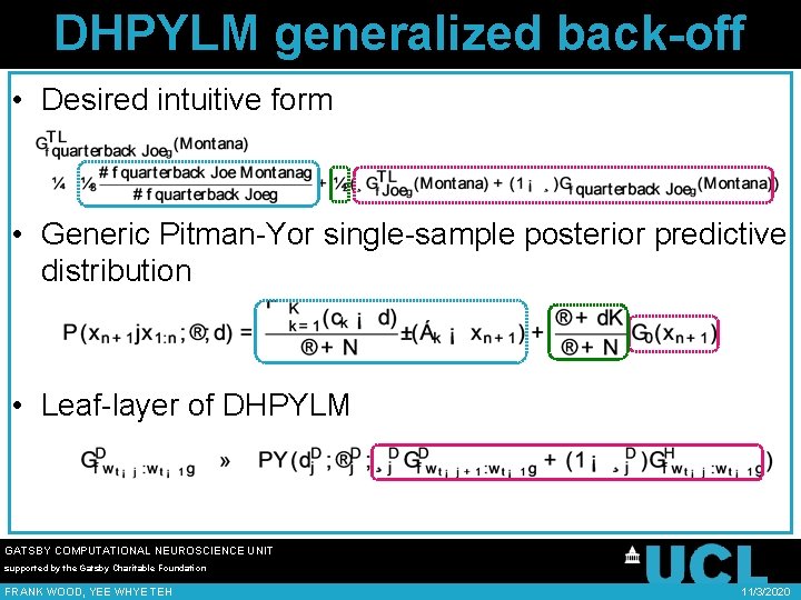 DHPYLM generalized back-off • Desired intuitive form • Generic Pitman-Yor single-sample posterior predictive distribution