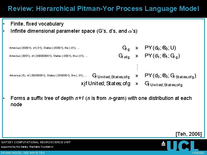 Review: Hierarchical Pitman-Yor Process Language Model • • Finite, fixed vocabulary Infinite dimensional parameter