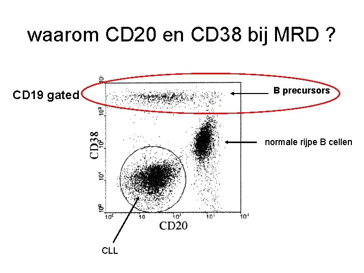 waarom CD 20 en CD 38 bij MRD ? B precursors CD 19 gated