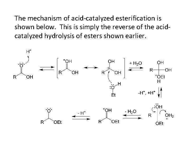 The mechanism of acid-catalyzed esterification is shown below. This is simply the reverse of