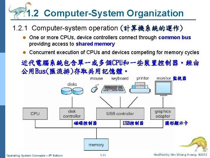 1. 2 Computer-System Organization 1. 2. 1 Computer-system operation (計算機系統的運作) l One or more
