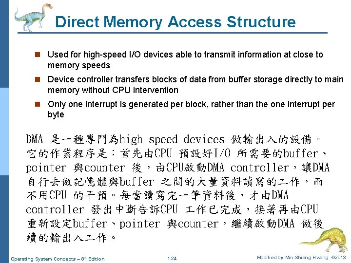 Direct Memory Access Structure n Used for high-speed I/O devices able to transmit information