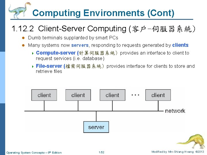 Computing Environments (Cont) 1. 12. 2 Client-Server Computing (客戶-伺服器系統) l Dumb terminals supplanted by