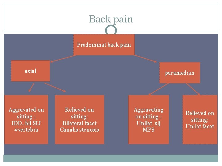 Back pain Predominat back pain axial Aggravated on sitting : IDD, bil SIJ #vertebra