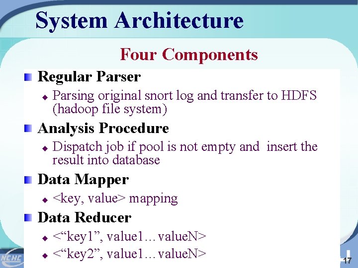 System Architecture Four Components Regular Parser u Parsing original snort log and transfer to